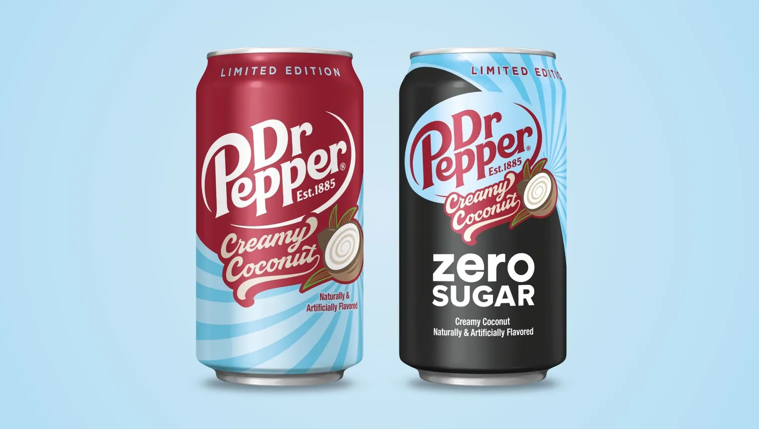 Two cans of Dr Pepper Creamy Coconut are pictured against a blue background. One is original and the other is zero sugar.