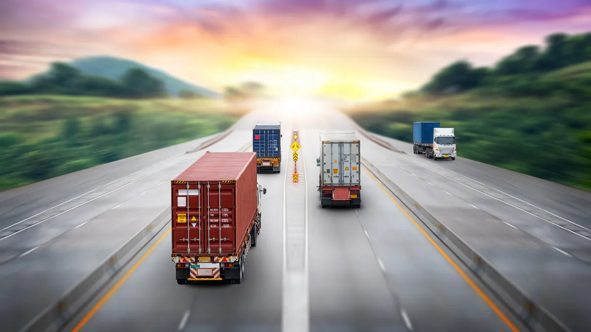 Truck transport container on highway at sunset, motion blur effect, logistics import export background and cargo transport industry