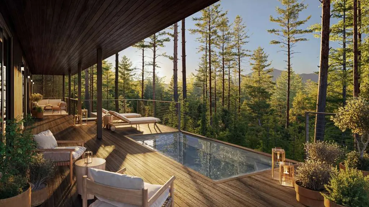 A rendering of a terrace at Rosewood Calistoga.