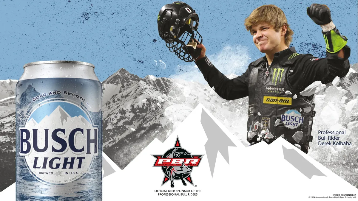 An image of professional bull rider Derek Kolbaba and a can of Busch Light.