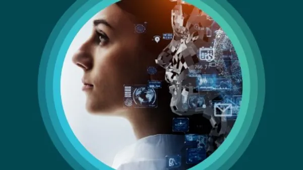 Side profile of a woman's face, blended with digital elements, icons, and technological graphics, symbolizing the integration of human and artificial intelligence.