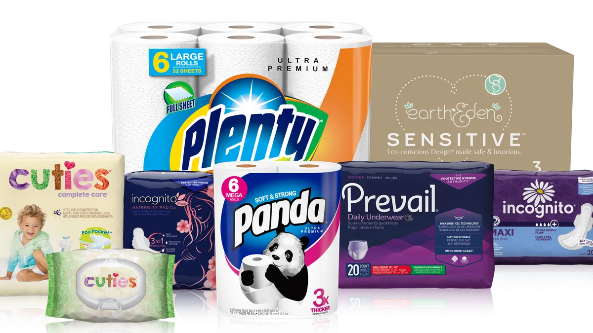 A row of products comprise toilet, tissue paper, diapers and feminine products.