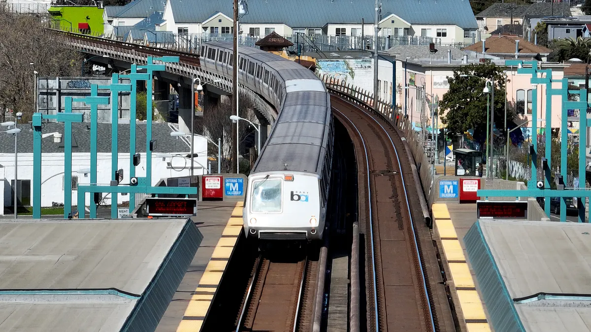 A Bay Area Rapid Transit (BART) train approaches the West Oakland station on March 15, 2023 in Oakland, Californi