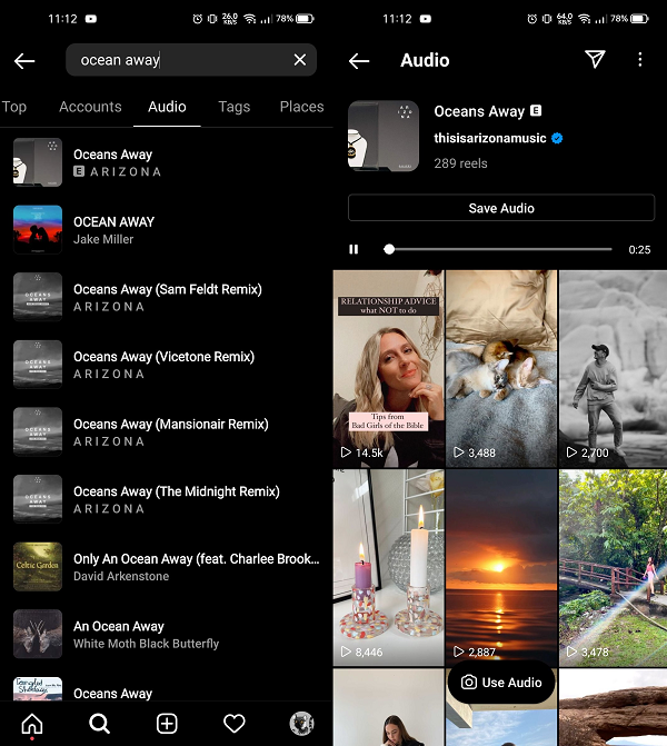 Instagram audio tab in Explore