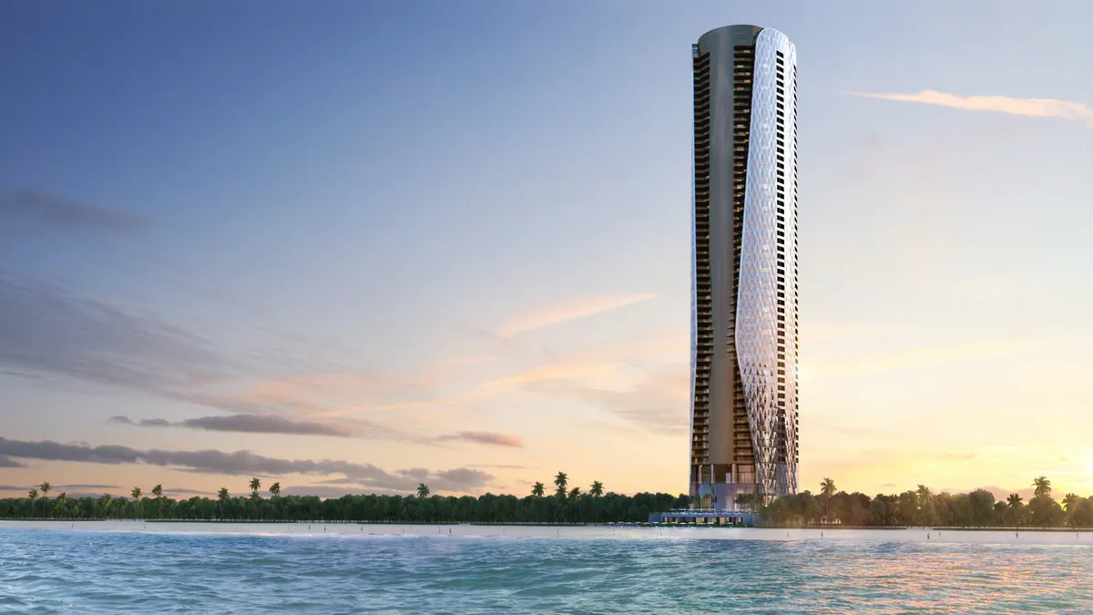 A rendering of a tall building on a waterfront.