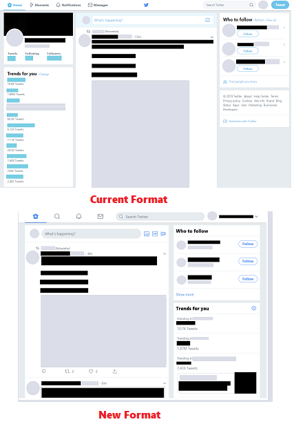 A comparison of the old and new Twitter desktop layouts