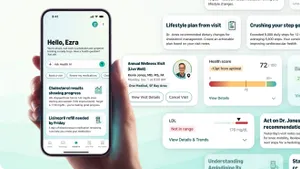 A hand holding a smartphone displaying Amazon's Health AI assistant.