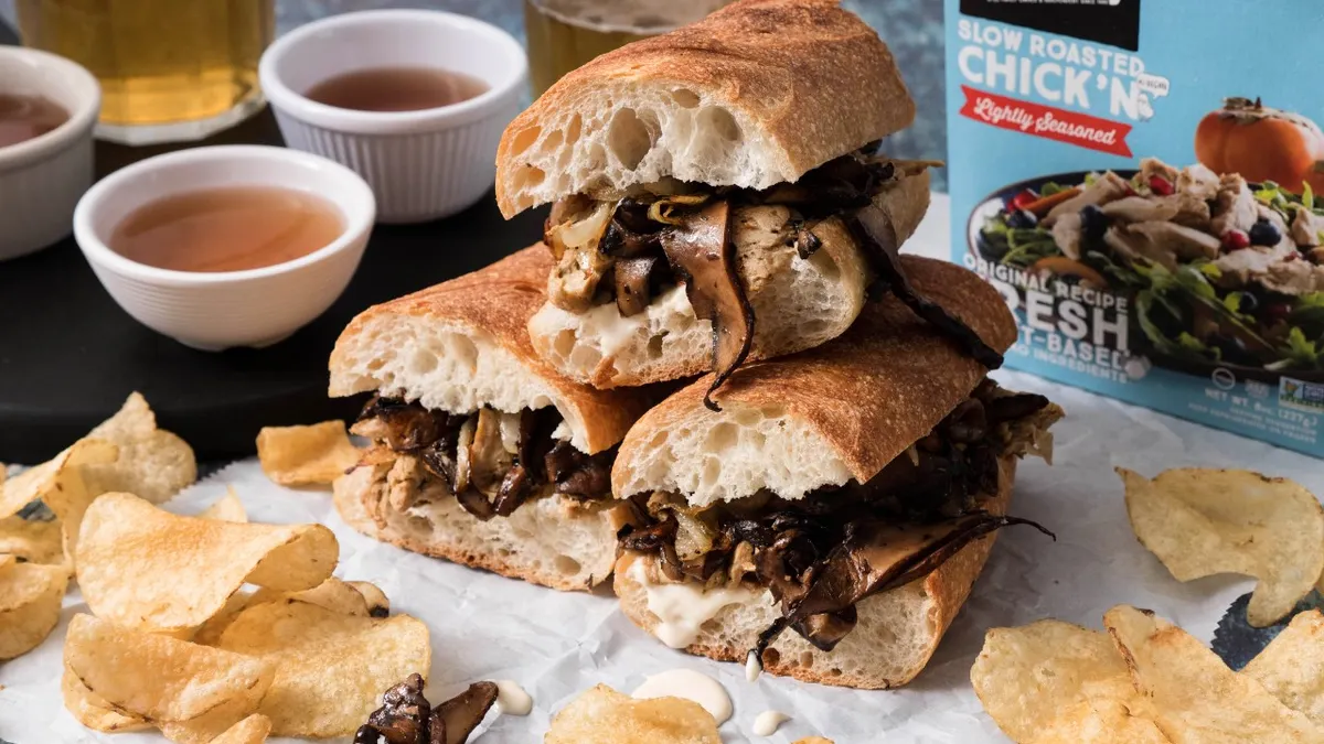 French dip sandwiches made with Tofurky's plant-based chick'n