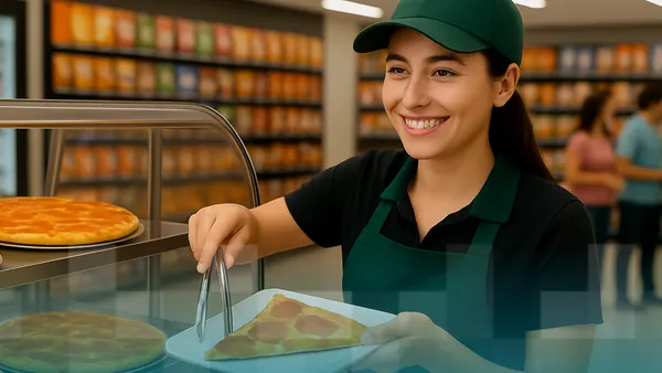 A smiling worker in a green cap and apron serves a slice of pizza in a brightly lit store. Shelves of packaged products blur in the background, creating a welcoming atmosphere.
