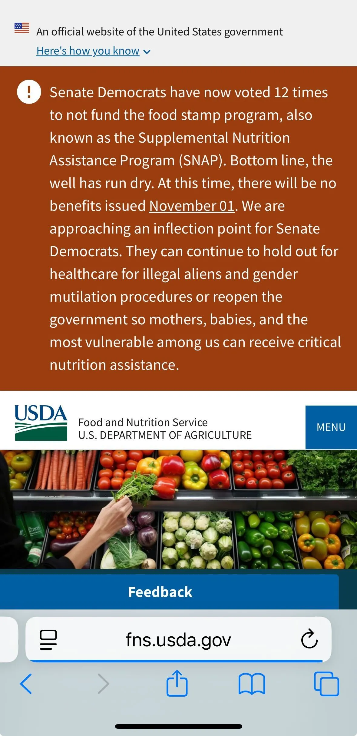 A message on the USDA's website.