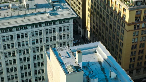 An aerial shot of Seventh Street in downtown Los Angeles, California on a sunny spring day.