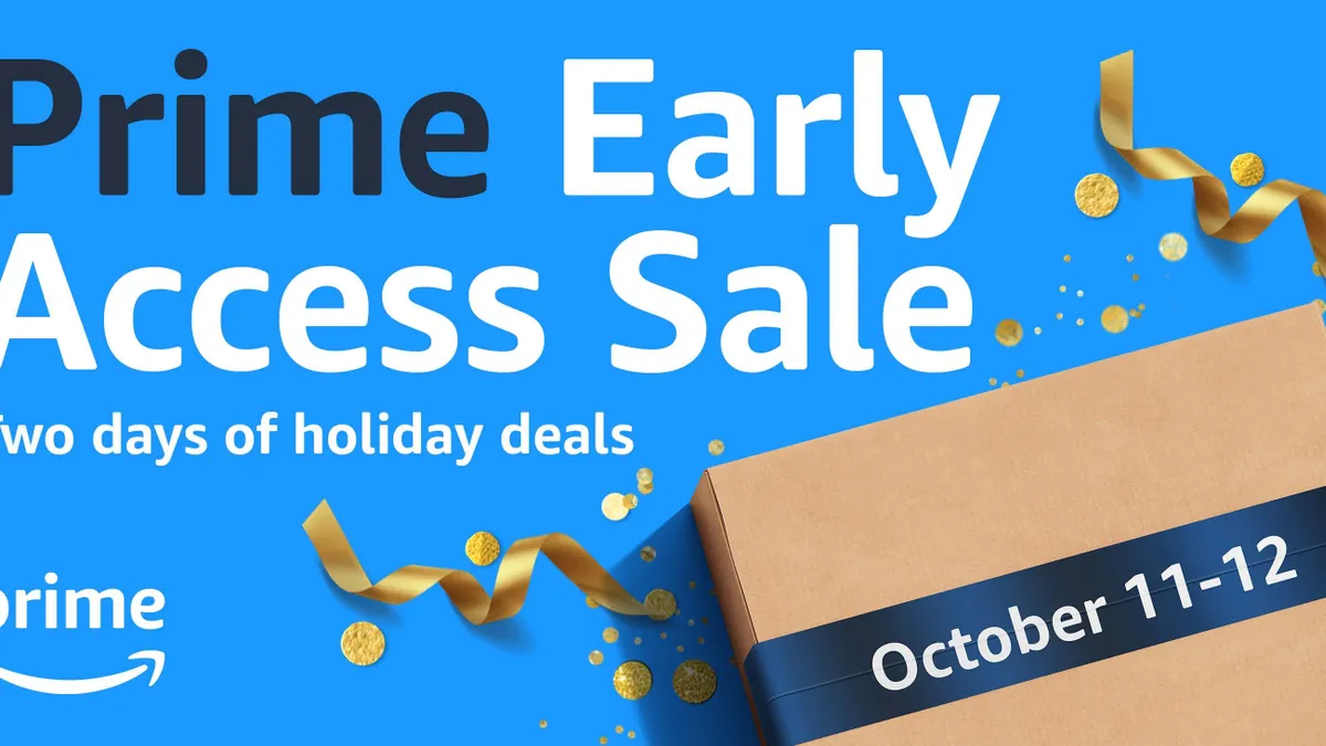 Against a bright blue background, the word "Prime" in black lettering and "Early Access Sale" in white lettering sit above a brown box with the words "October-12" and glittery curlicues and dots.