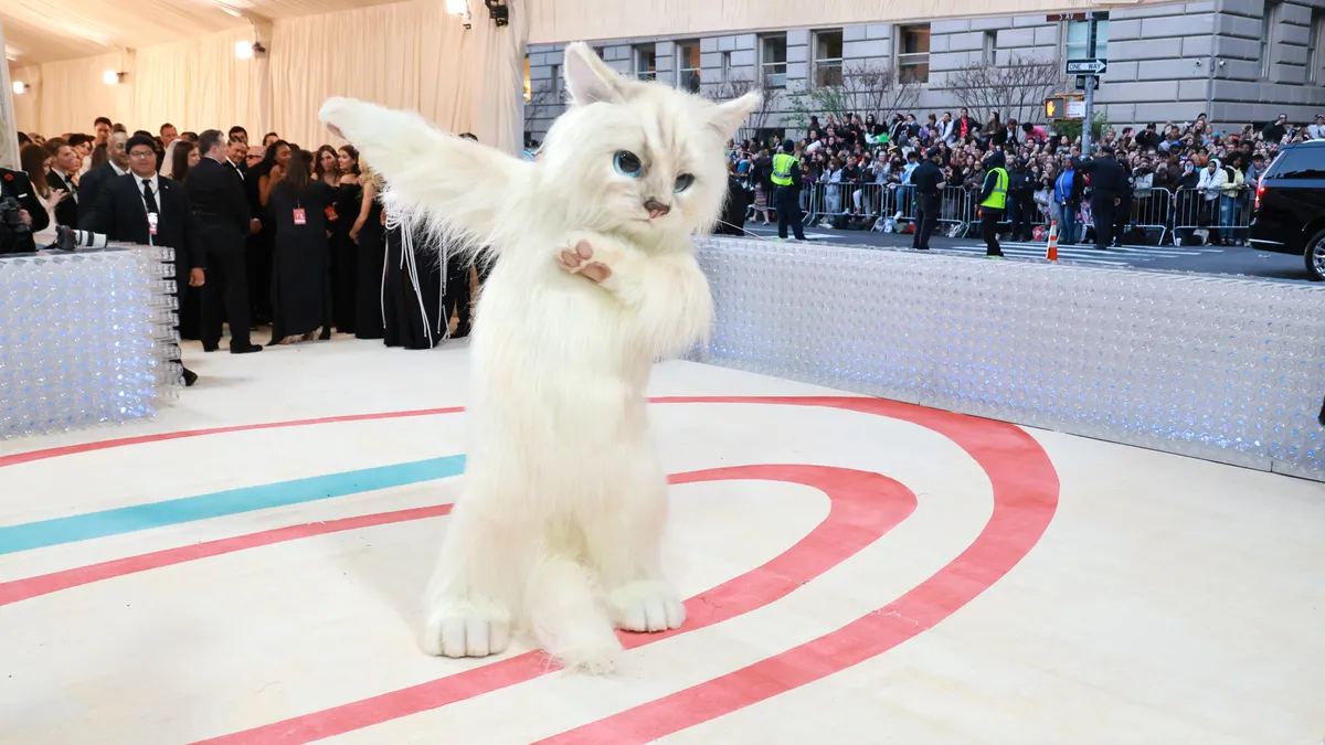 Man in a giant cat costume dans on the red carpet of the Met Gala