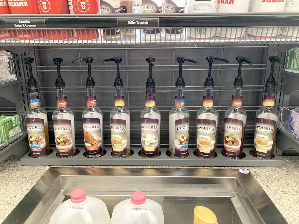 A photo of an array of flavored syrups available as part of 7-Eleven&#x27;s upgraded coffee service.