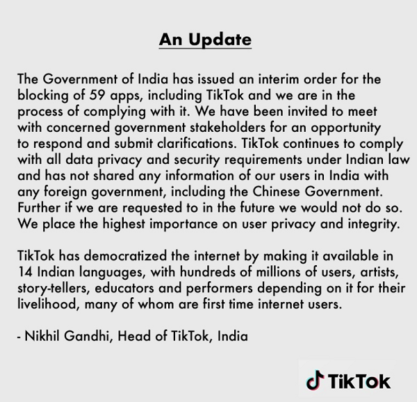 TikTok India statement