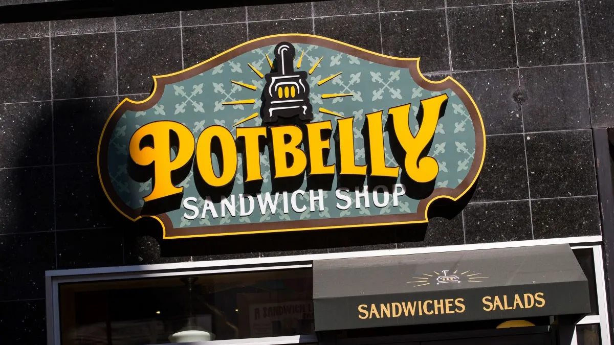 A photograph of a Potbelly sandwich shop sign.