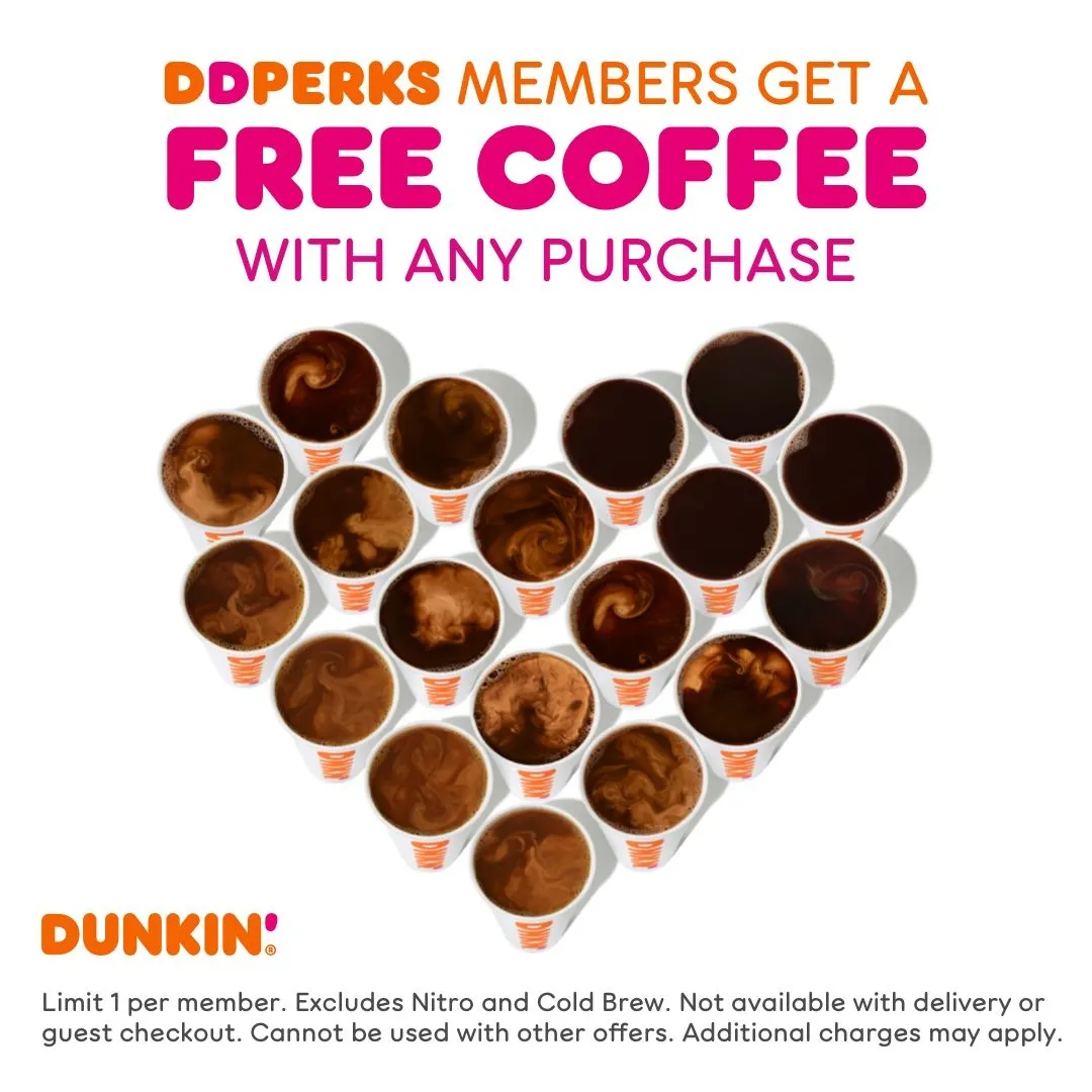 A promotional image for Dunkin's old loyalty program, DD Perks, illustrating that program's coffee-centric offerings.