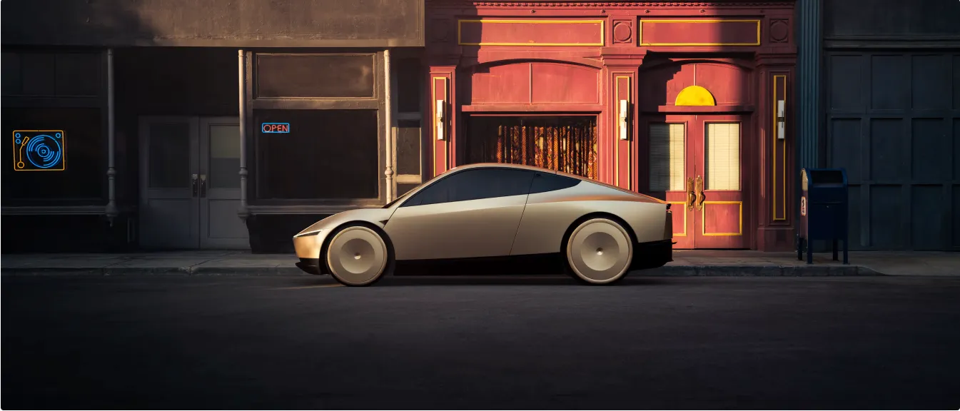 Side view of a two-door car parked at night with people sitting at tables on the sidewalk.