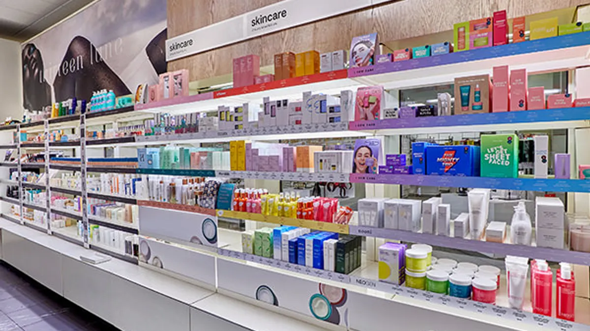 A wall of beauty products.