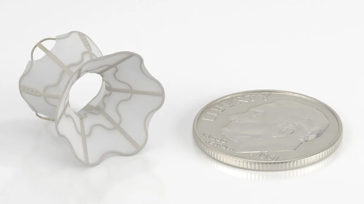 V-Wave's implantable device for heart failure is shown next to a dime.