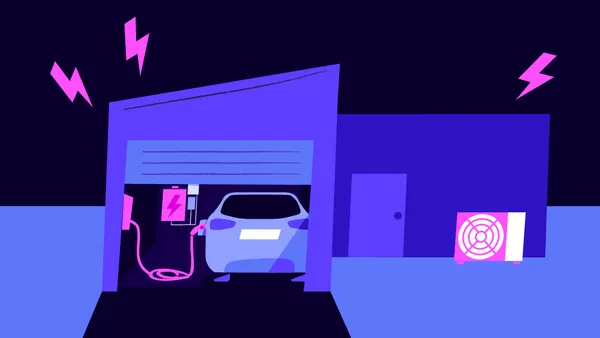 Illustration of an electric car charging in a home garage.