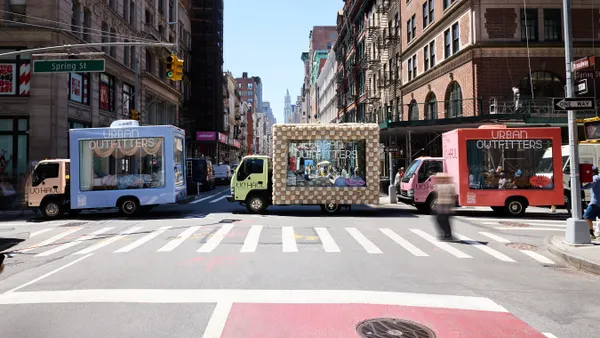 A trio of trucks with see-through glass displays hit the streets of Manhattan as part of Urban Outfitters' back-to-school campaign.