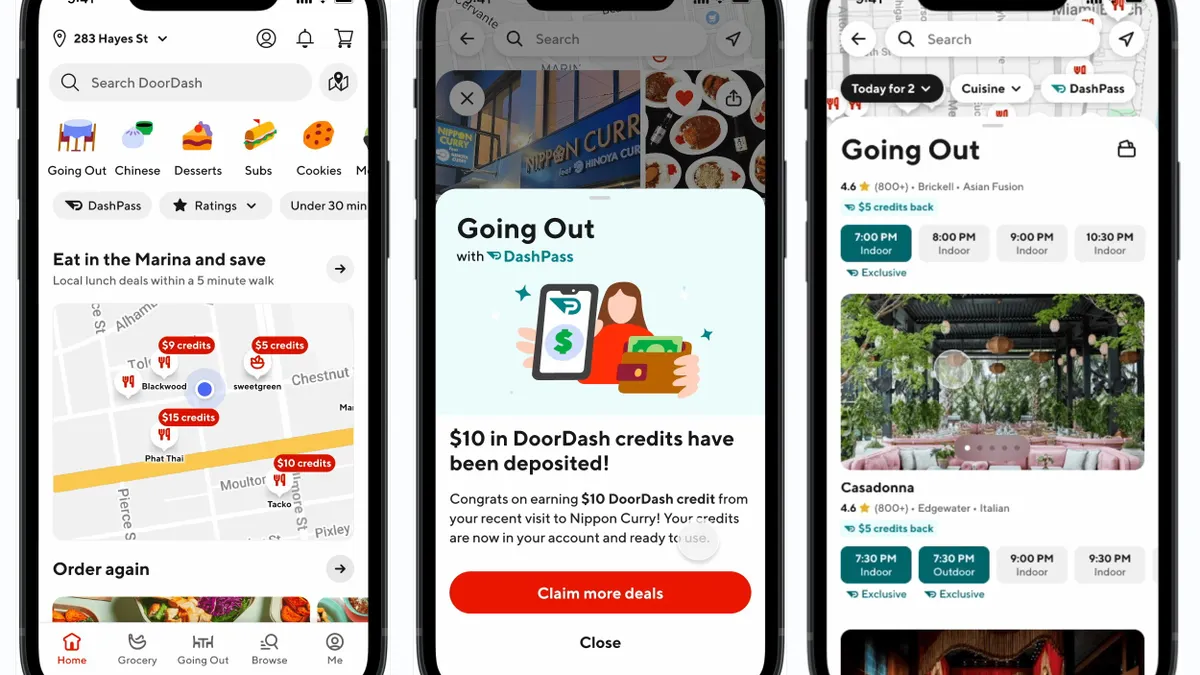 An image of three smartphones with DoorDash app images seen
