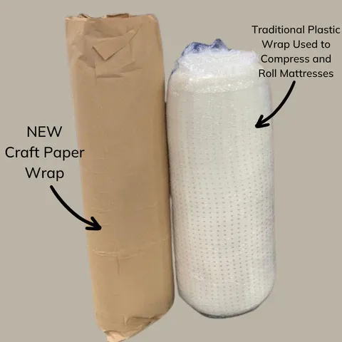 A roll of brown kraft paper next to a roll of plastic, illustrating the old and new packaging used to wrap Essentia mattresses.