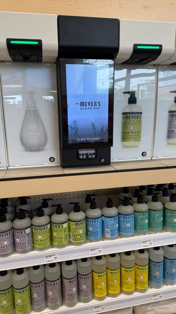A soap refill system in a retail store with Method and Mrs. Meyer's branding is positioned next to bottles of those products.