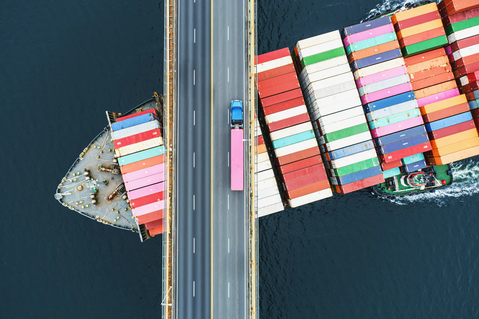 Container ship passing under a bridge