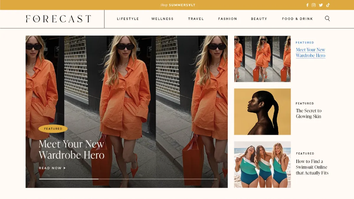 Homepage of the website The Forecast with pictures of a person wearing an orange outfit and articles about beauty and fashion.