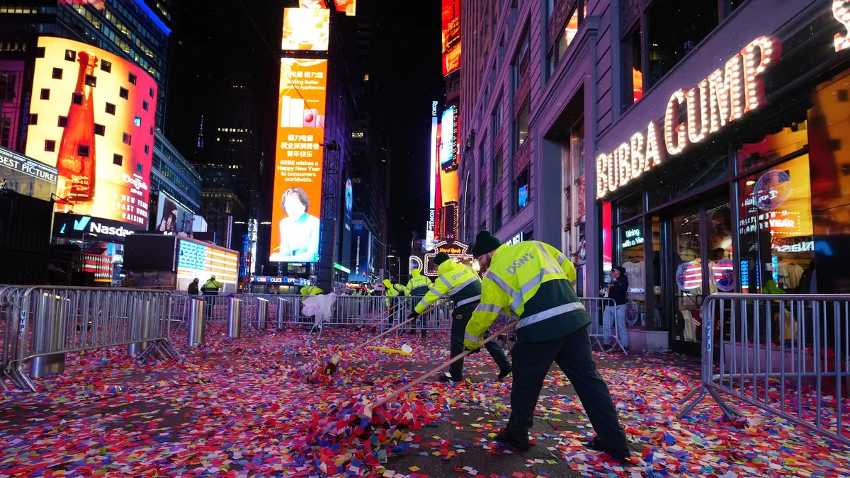 Workers clean up after New Year's Eve celebrations on January 01, 2026 in New York City.