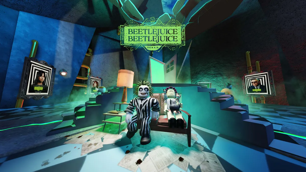 A Roblox avatar of Beetlejuice in a themed area of the platform.