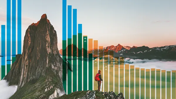 Person hiking in the mountains with bar graph overlay