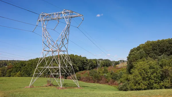 Electric transmission lines running through the woods.