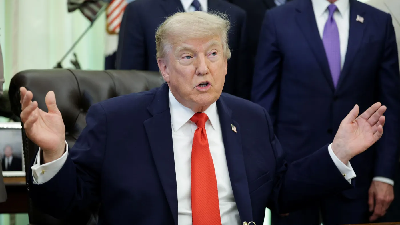 President Donald Trump holds up his hands in the Oval Office of the White House on June 11, 2026 in Washington, DC.
