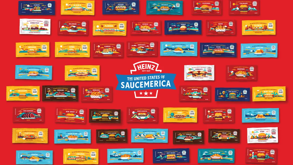 An array of Heinz sauce packets with specialty packaging for the summer.