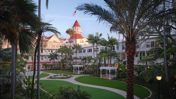 The courtyard of the hotel features dangling lights.