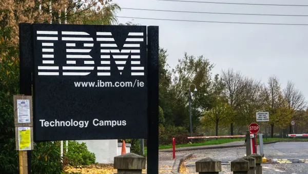 A sign with the IBM corporate logo stands outside of the company's Dublin, Ireland campus.