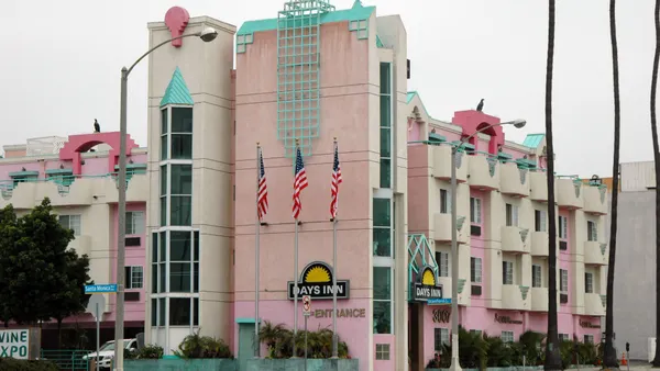 A pink and blue hotel
