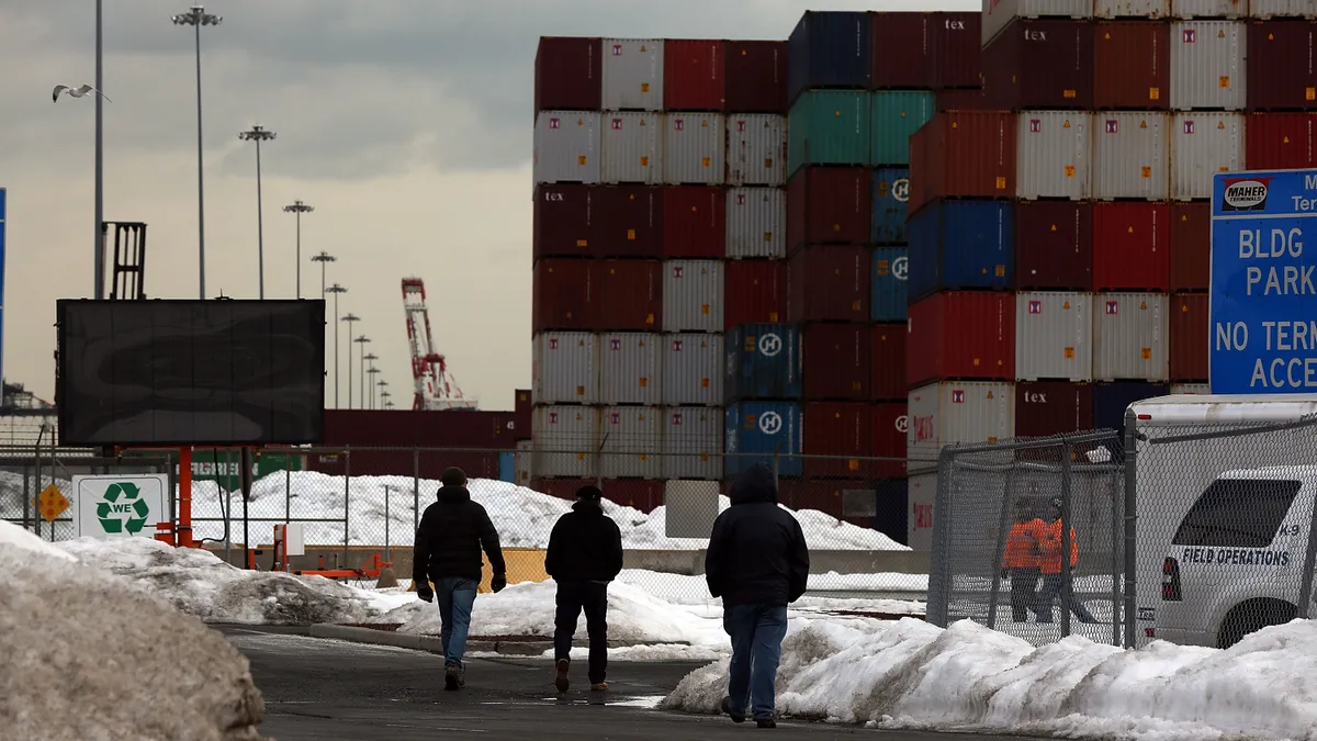 Dockworkers at a ocean port terminal,