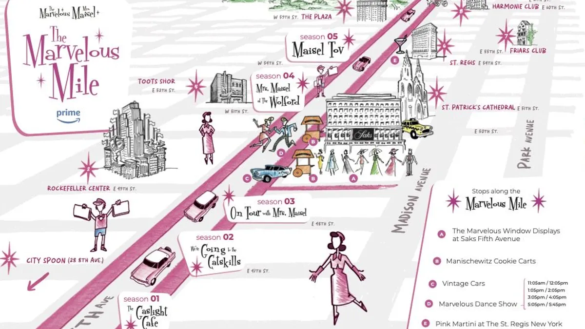 A map displaying the "Marvelous Mile," a pop-up event by Amazon Prime Video in New York meant to celebrate its series, “The Marvelous Mrs. Maisel."