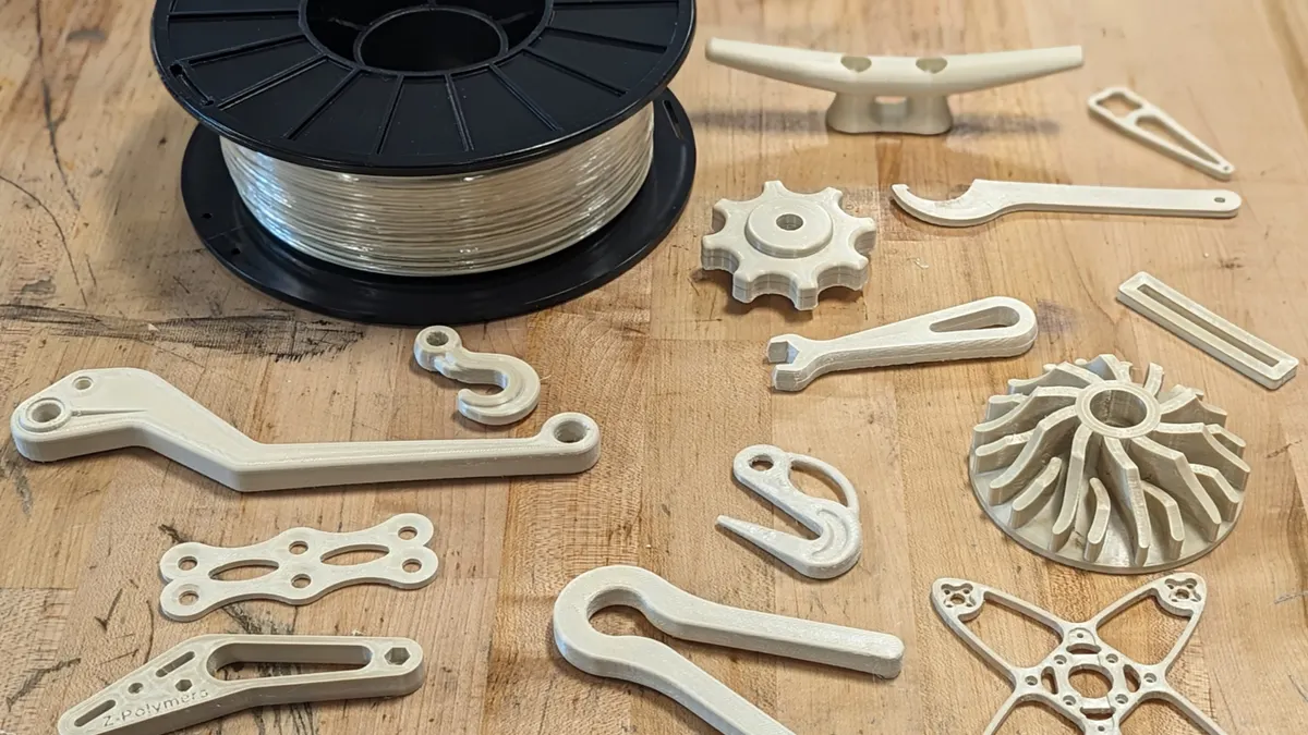 3D printed parts sit on a tabletop