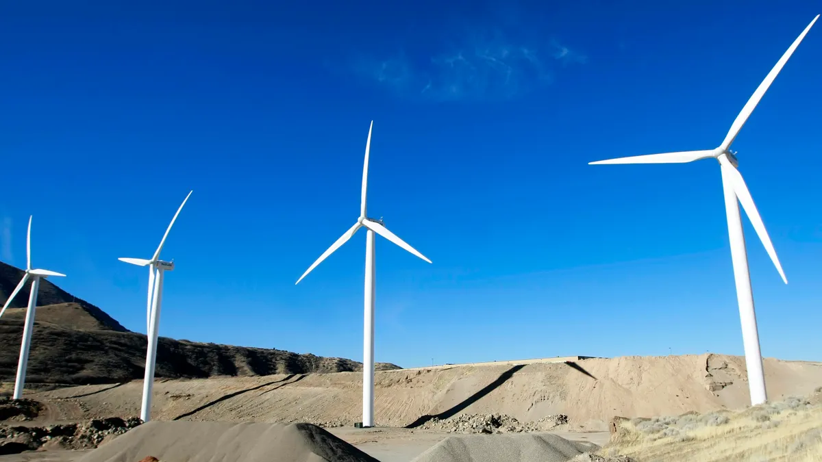 Several 2.1 mega watt wind powered turbines owned by Edison Mission Energy, sit a the mouth of Spanish Fork Canyon November 24, 2008 in Spanish Fork, Utah. Each turbine is 300 feet tall, with three 1