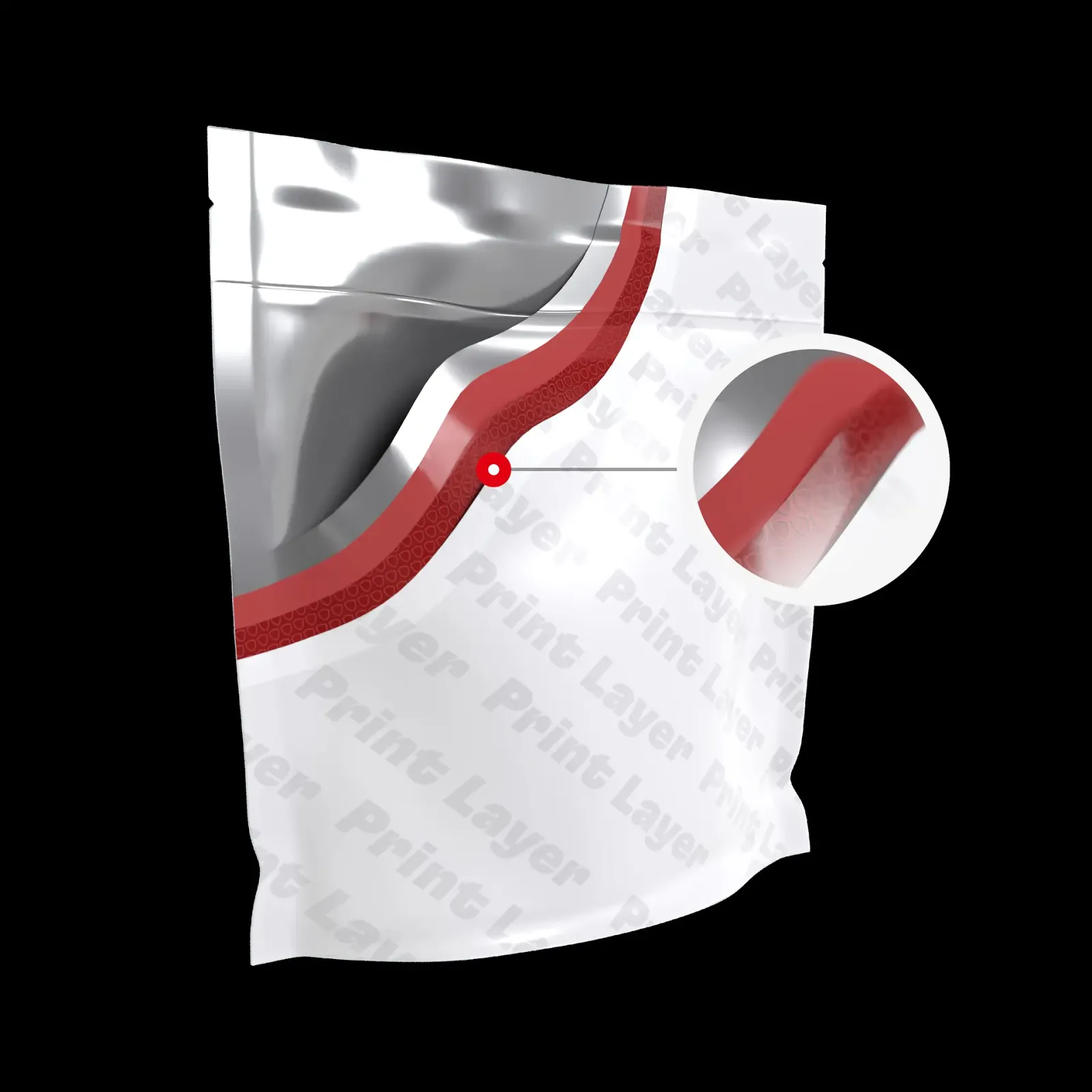 A rendering of a flexible plastic bag with a cutaway to show layers.