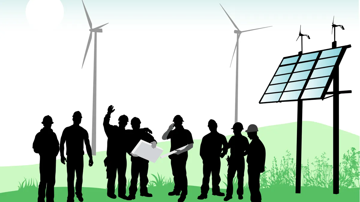 A drawing of silhouetted construction workers by a solar panel with wind turbines in the background.