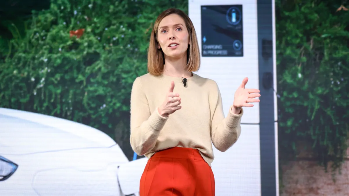 Rebecca Tinucci speaks onstage during Uber’s GO-GET Zero event at the Science Museum in London.