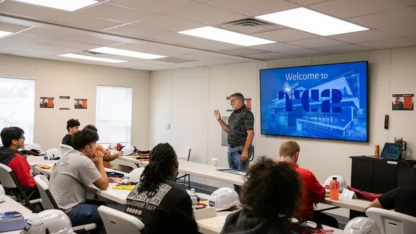 People sit at rows of tables in a classroom setting while someone at the front speaks. There is a picture on the front of the screen that says "Welcome to TC2."