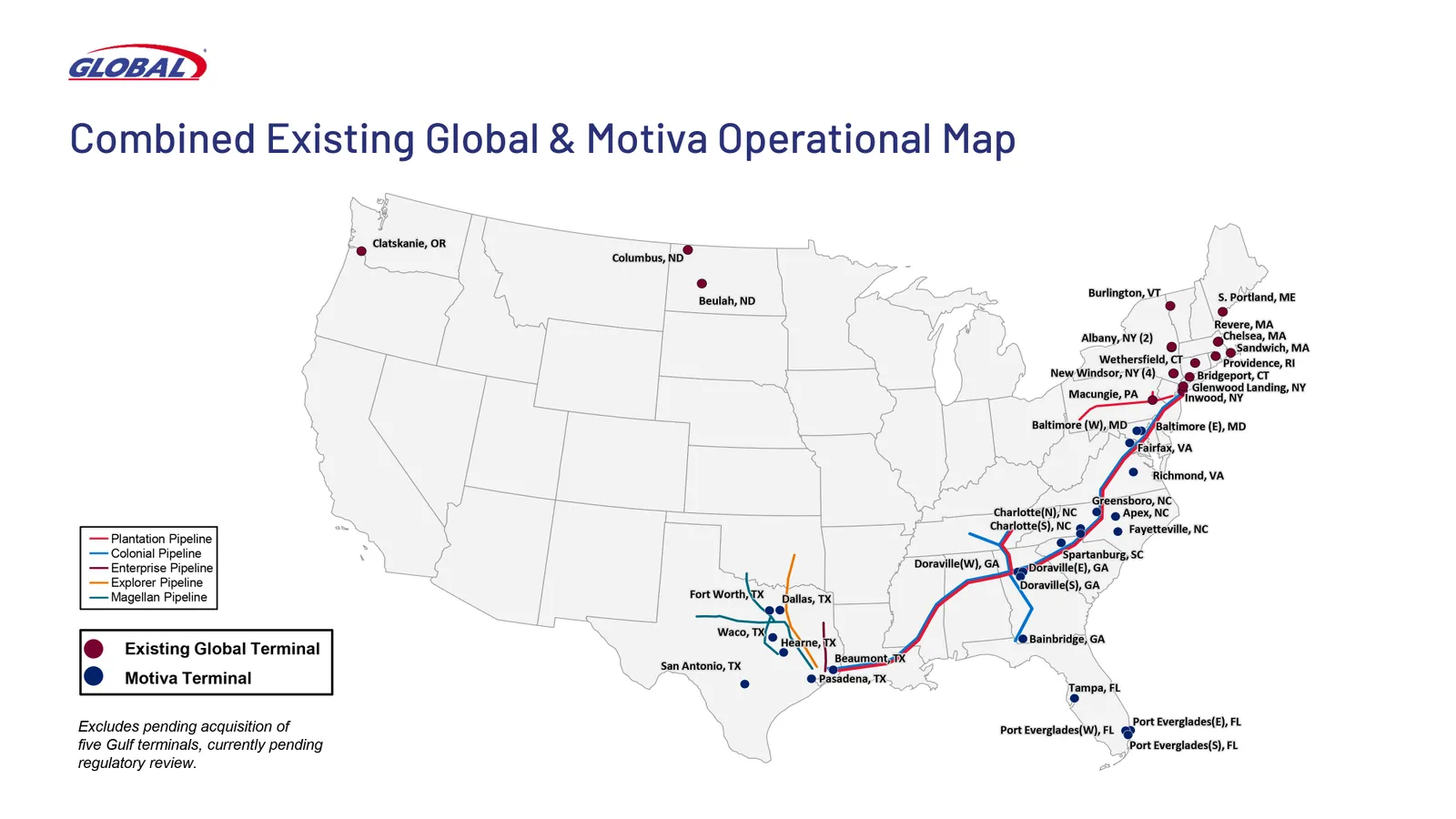 A map of Global Partners' terminals in the U.S. if the acquisition from Motiva Enterprises is approved.