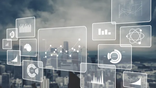 stock photo with a city background and charts in squares